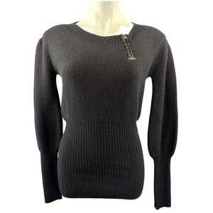 Diesel Black Wool Angora Blend Puff Sleeve Ribbed Sweater Zipper Detail Medium